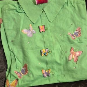 NWT Quacker Factory, M, Green Long Sleeve Button Up Casual Women's Shirt